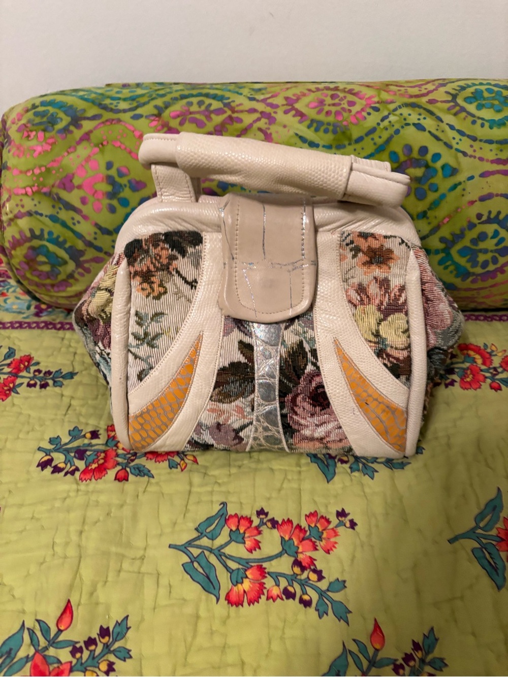 Cream Floral Tapestry Crossbody Bag with Yellow Accents